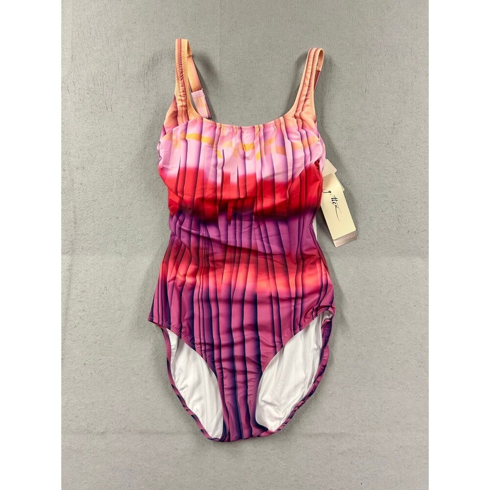 New Gottex Pink Multi Golden Square Neck Print Beach One Piece Swimsuit Size 8